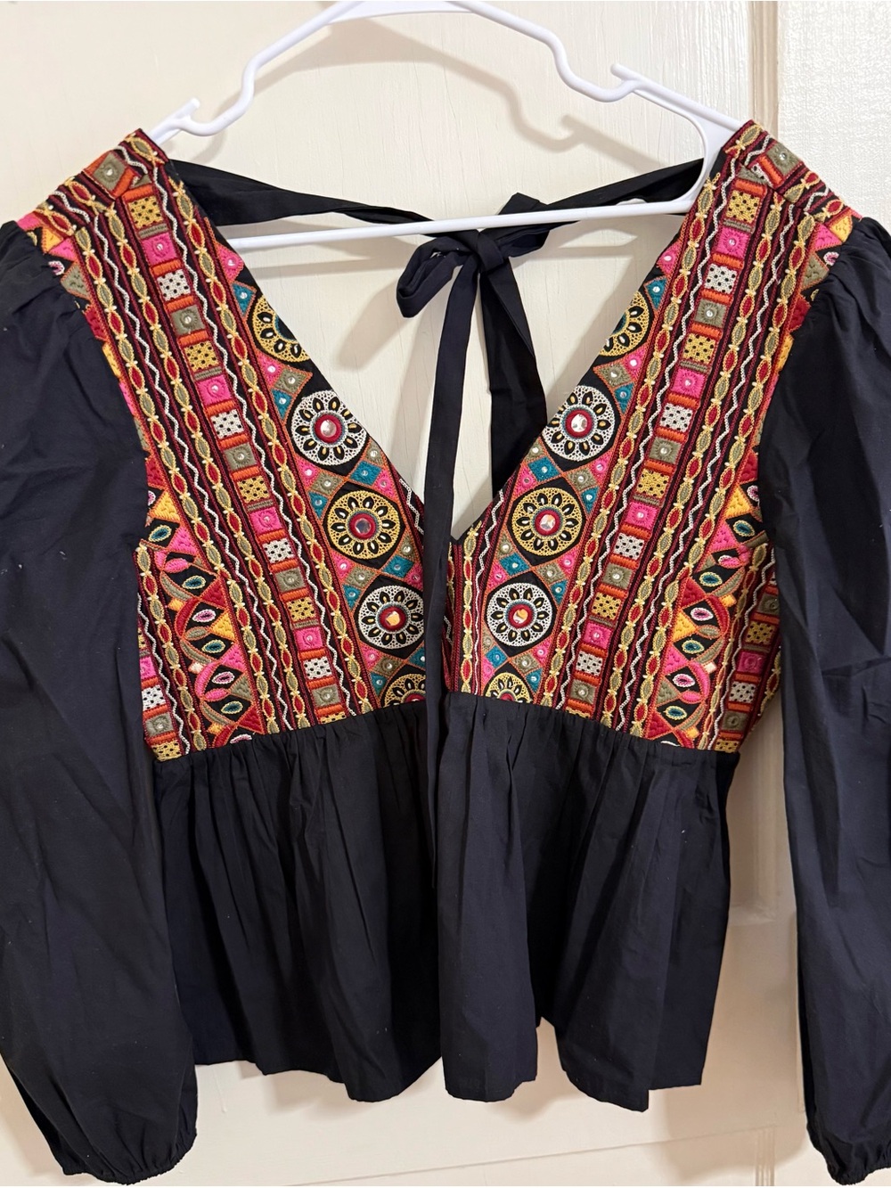 Embroidered Black V-Neck Peasant Blouse with Multicolor Folk Embroidery